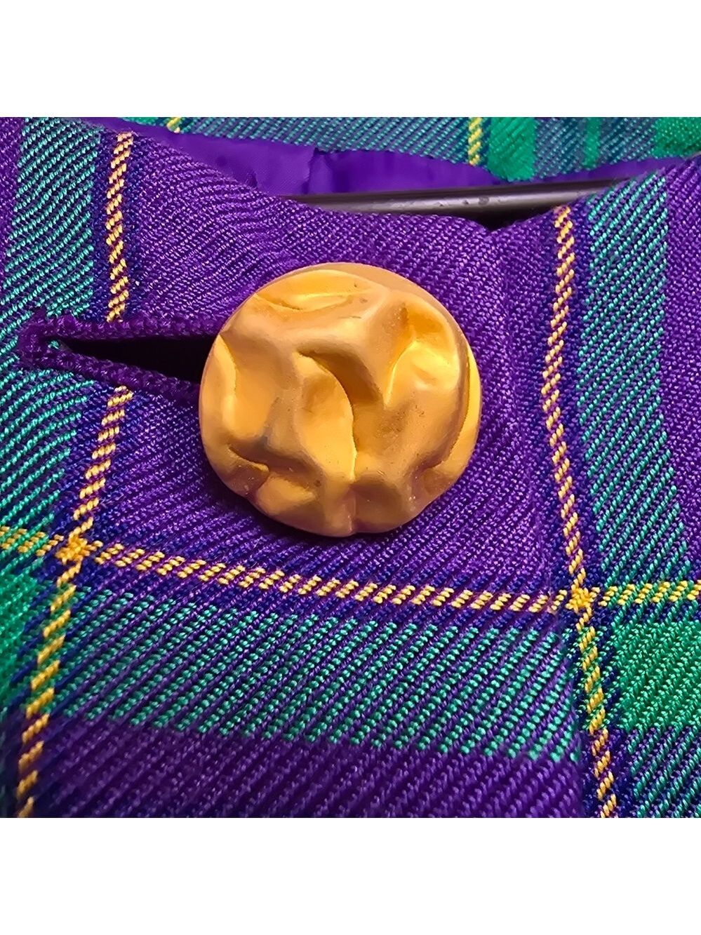 Lord & Taylor Purple Green Plaid Vintage Blazer Chunky Gold Buttons - Picture 9 of 14